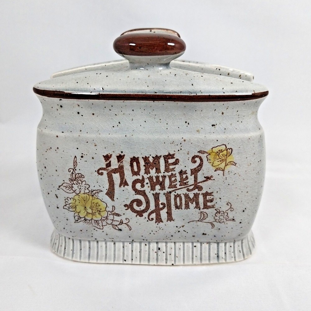 Vintage 1970's Napkin Holder Ceramic 'Home Sweet Home' Japan Gray Brown Flowers - Picture 3 of 7
